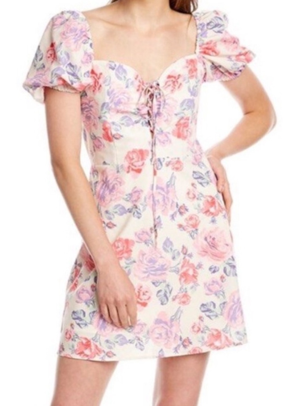 Zara Sweetheart Mini Pastel Floral Dress With Lace Up Front Puff Sleeves